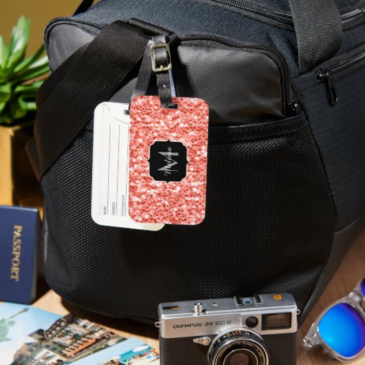 ピンクのバラのダークサンゴグリッタースパークルスモノグラム ラゲッジタグ (正面&裏面)