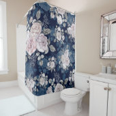 ピンクのバラのダークブルー:ヴィンテージ シャワーカーテン (インサイチュ)