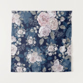 ピンクのバラのダークブルー：ヴィンテージ タペストリー (正面(横))