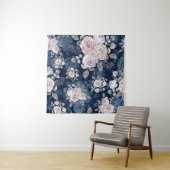 ピンクのバラのダークブルー：ヴィンテージ タペストリー (インサイチュ(横))