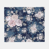 ピンクのバラのダークブルー：ヴィンテージ フリースブランケット (正面(横))