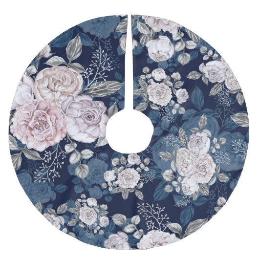 ピンクのバラのダークブルー：ヴィンテージ ブラッシュドポリエステルツリースカート (正面)