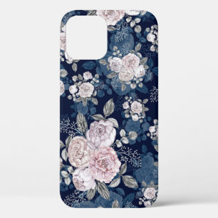 ピンクのバラのダークブルー:ヴィンテージ iPhone 12ケース