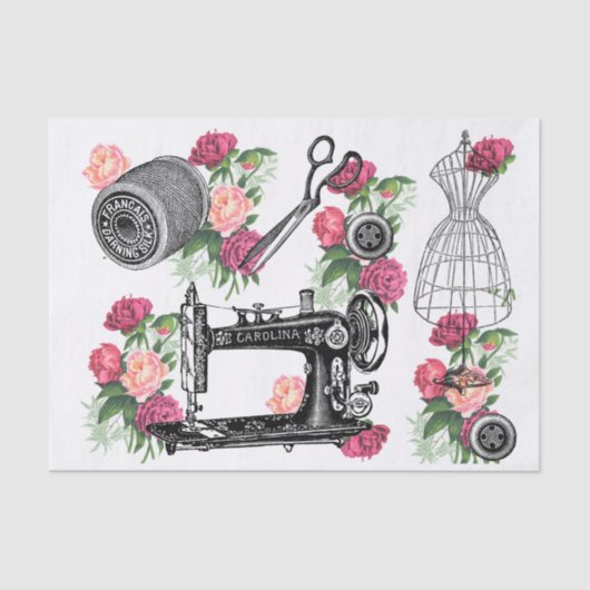 ピンクのバラのティッシュペーパーを縫うヴィンテージ 薄葉紙 (正面)