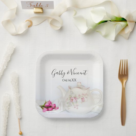 ピンクのバラのティーポ結婚ット ペーパープレート (ウェディング)