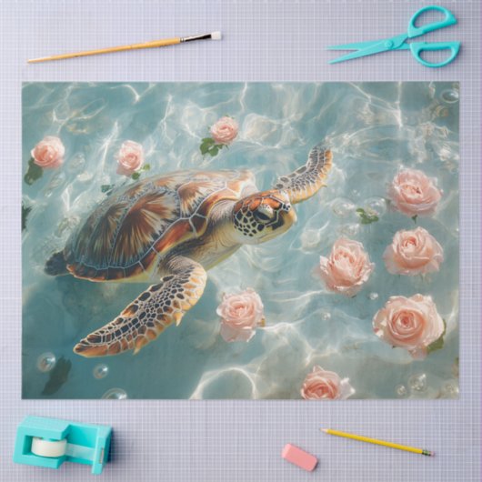 ピンクのバラのデコパージュ付きウミガメ 薄葉紙 (クラフト)
