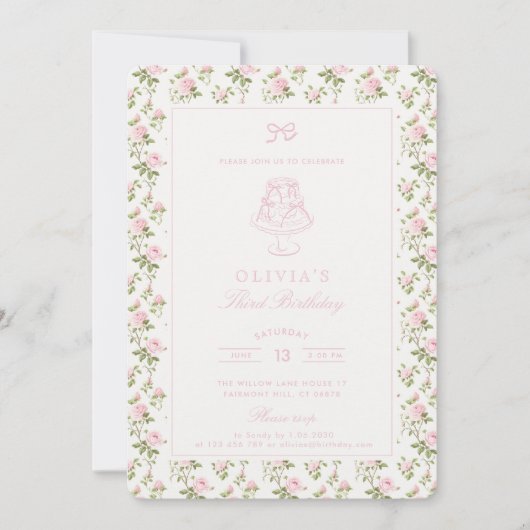 ピンクのバラのトレリスのコテージコア誕生日の招待状 招待状 (正面)
