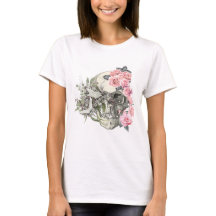ピンクのバラのドクロ 女性用Tシャツ 