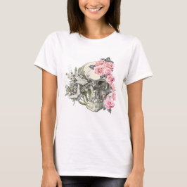 ピンクのバラのドクロ 女性用Tシャツ Tシャツ