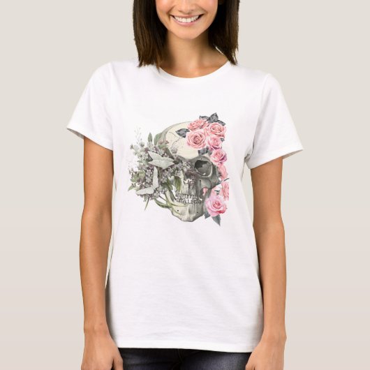 ピンクのバラのドクロ 女性用Tシャツ Tシャツ (正面)