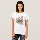 ピンクのバラのドクロ 女性用Tシャツ Tシャツ (正面フル)