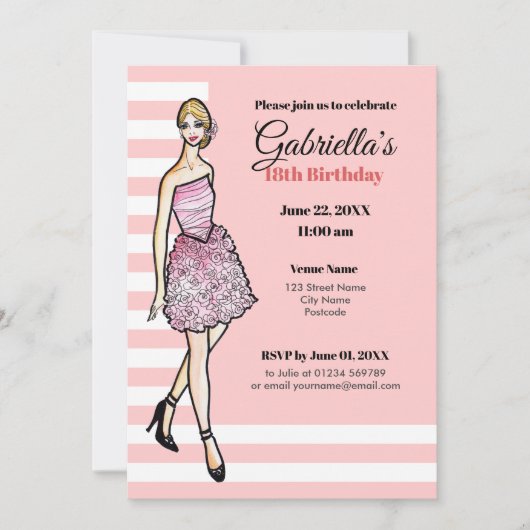 ピンクのバラのドレスを着た金髪の少女 招待状 (正面)