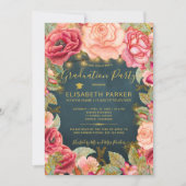 ピンクのバラのネイビー金ゴールドライト卒業パーティー 招待状 (正面)