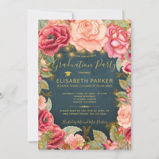 ピンクのバラのネイビー金ゴールドライト卒業パーティー 招待状 (正面)