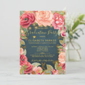 ピンクのバラのネイビー金ゴールドライト卒業パーティー 招待状 (スタンド正面)