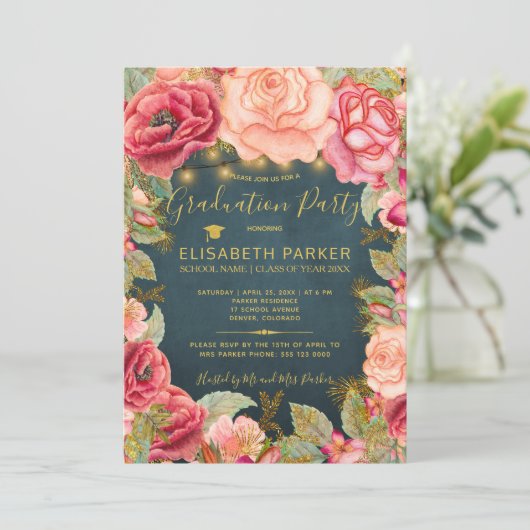 ピンクのバラのネイビー金ゴールドライト卒業パーティー 招待状 (スタンド正面)