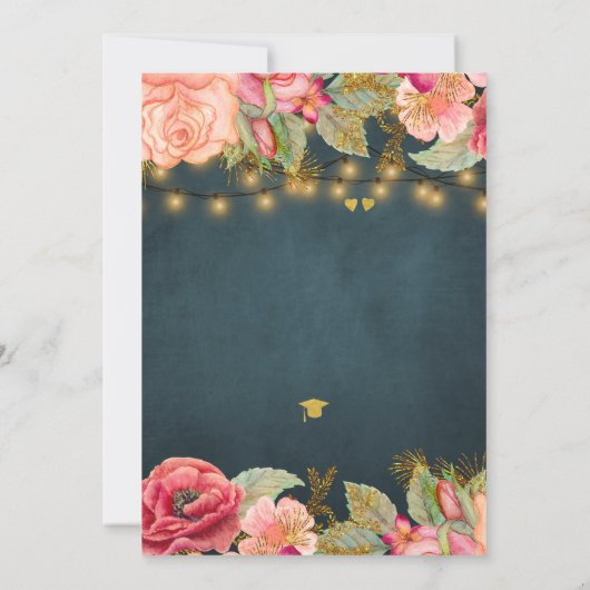 ピンクのバラのネイビー金ゴールドライト卒業パーティー 招待状 (裏面)