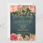 ピンクのバラのネイビー金ゴールドライト卒業パーティー 招待状 (正面)