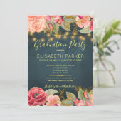 ピンクのバラのネイビー金ゴールドライト卒業パーティー 招待状 (スタンド正面)