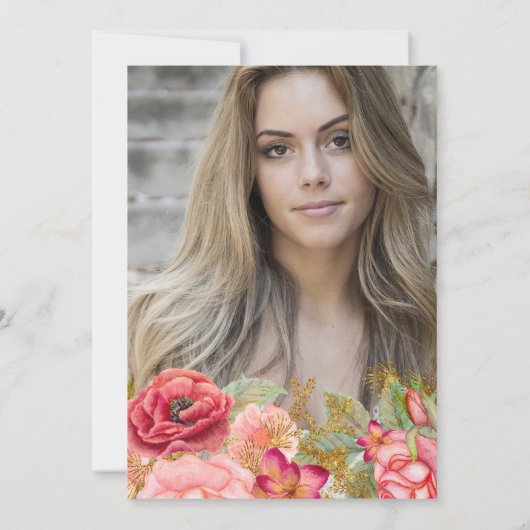 ピンクのバラのネイビー金ゴールドライトPHOTO卒業パーティー 招待状 (裏面)