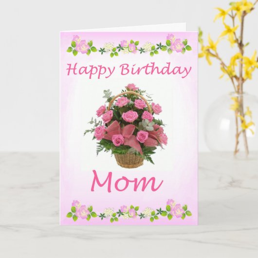 ピンクのバラのハッピーバースデーのお母さんの挨拶状 カード (黄色い花)