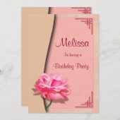 ピンクのバラのハッピーバースデー 招待状 (正面/裏面)