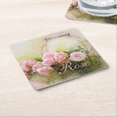 ピンクのバラのバスケット スクエアペーパーコースター (アングル)