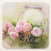 ピンクのバラのバスケット スクエアペーパーコースター (正面)