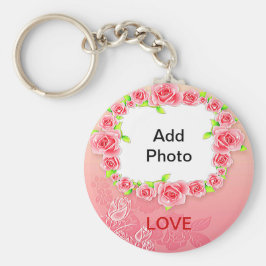 ピンクのバラのバレンタインあなたの写真を追加 キーホルダー