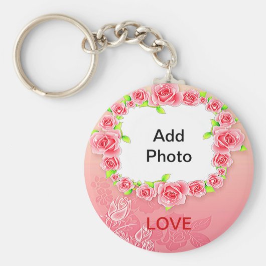 ピンクのバラのバレンタインあなたの写真を追加 キーホルダー (正面)