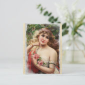 ピンクのバラのビクトリアン女性 ポストカード (スタンド正面)