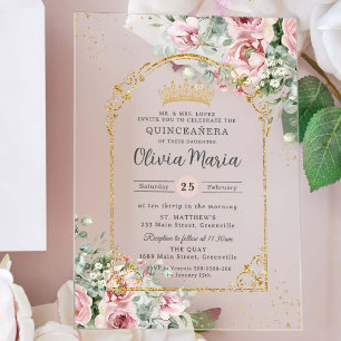 ピンクのバラのフラワーゴールドQuinceañeraスイート16 アクリル招待状