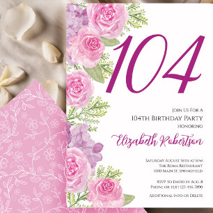 ピンクのバラのフラワーテンプレート 104歳の誕生日 招待状