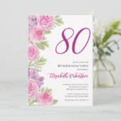 ピンクのバラのフラワーテンプレート 80歳の誕生日 招待状 (スタンド正面)