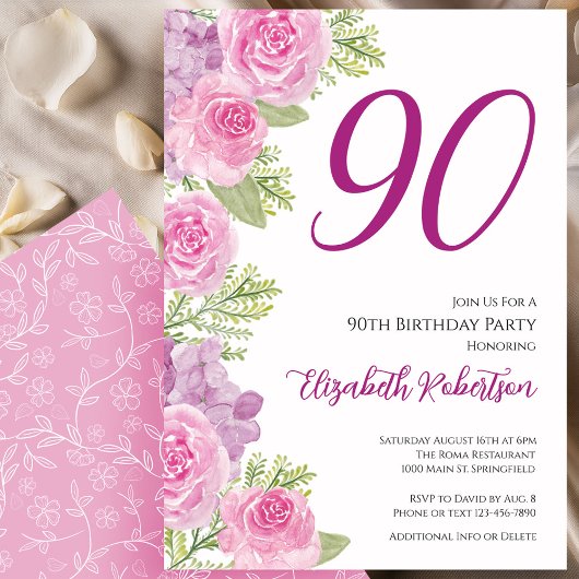 ピンクのバラのフラワーテンプレート 90歳の誕生日 招待状