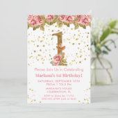 ピンクのバラのフラワー1歳の誕生日パーティー 招待状 (スタンド正面)