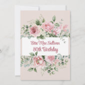 ピンクのバラのフローラと緑の80歳の誕生日 招待状 (裏面)
