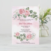 ピンクのバラのフローラと緑の80歳の誕生日 招待状 (スタンド正面)