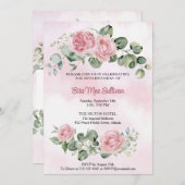 ピンクのバラのフローラと緑の80歳の誕生日 招待状 (正面/裏面)