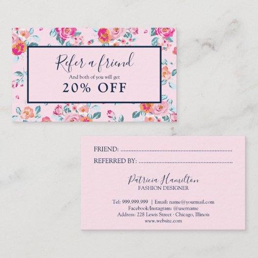 ピンクのバラのフローラは友人の紹介カードを参照 名刺 (正面/裏面)