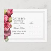 ピンクのバラのフローラ結婚式の日付を保存 案内ポストカード (裏面)