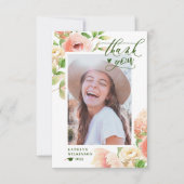 ピンクのバラのフローラ緑エレガントの写真卒業 サンキューカード (正面)