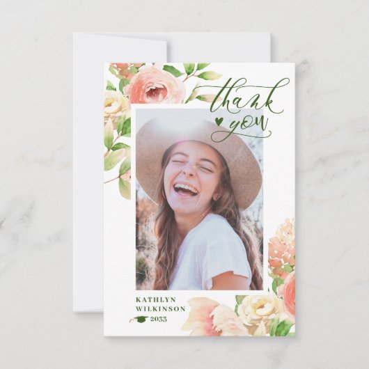 ピンクのバラのフローラ緑エレガントの写真卒業 サンキューカード (正面)