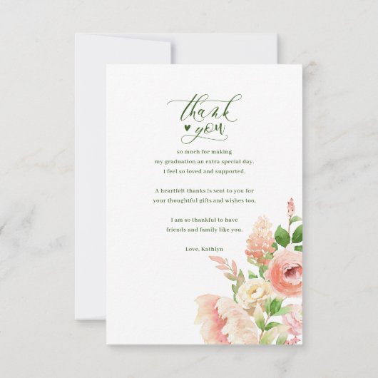 ピンクのバラのフローラ緑エレガントの写真卒業 サンキューカード (裏面)