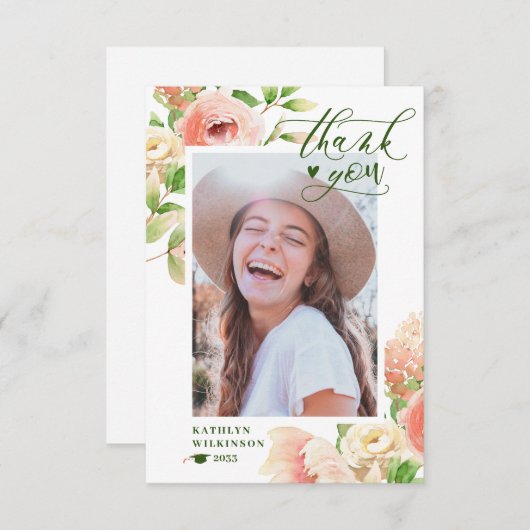 ピンクのバラのフローラ緑エレガントの写真卒業 サンキューカード (正面/裏面)