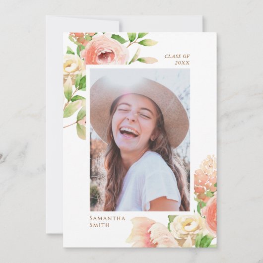 ピンクのバラのフローラ緑エレガントの写真卒業 案内状 (正面)