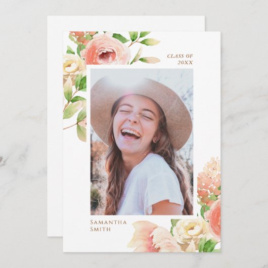 ピンクのバラのフローラ緑エレガントの写真卒業 案内状 (正面/裏面)