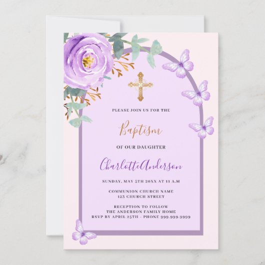 ピンクのバラのフローラ蝶のアーチ洗礼 招待状 (正面)