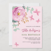 ピンクのバラのフローラ蝶の緑の誕生日 招待状 (正面)