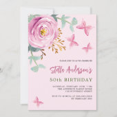 ピンクのバラのフローラ蝶の緑の誕生日 招待状 (正面)
